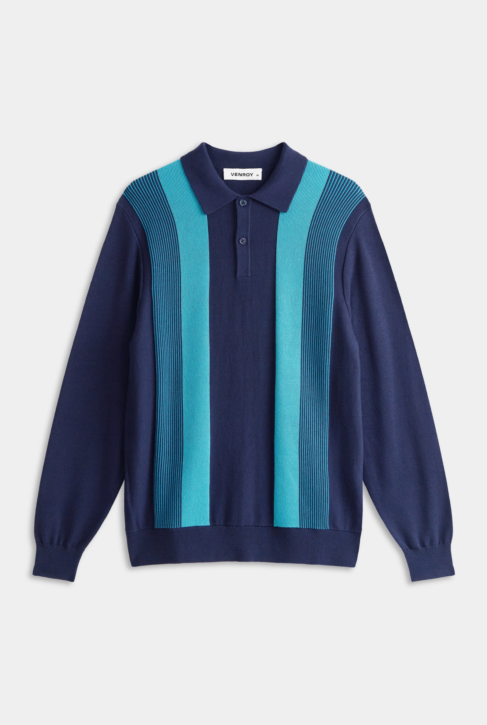 Long Sleeve Stripe Cotton Knit Polo - Navy Blue/Blue Stipe