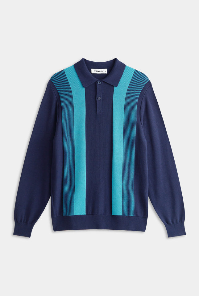 Long Sleeve Stripe Cotton Knit Polo - Navy Blue/Blue Stipe