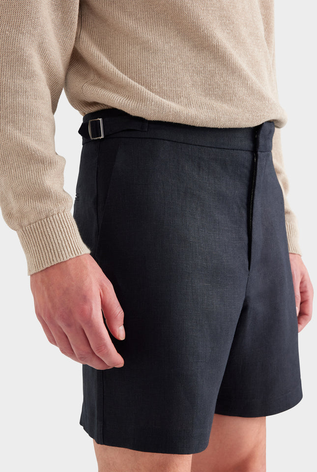 Tailored Linen Side Tab Short - Black