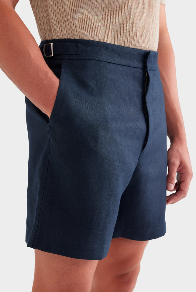 Tailored Linen Side Tab Short - Navy