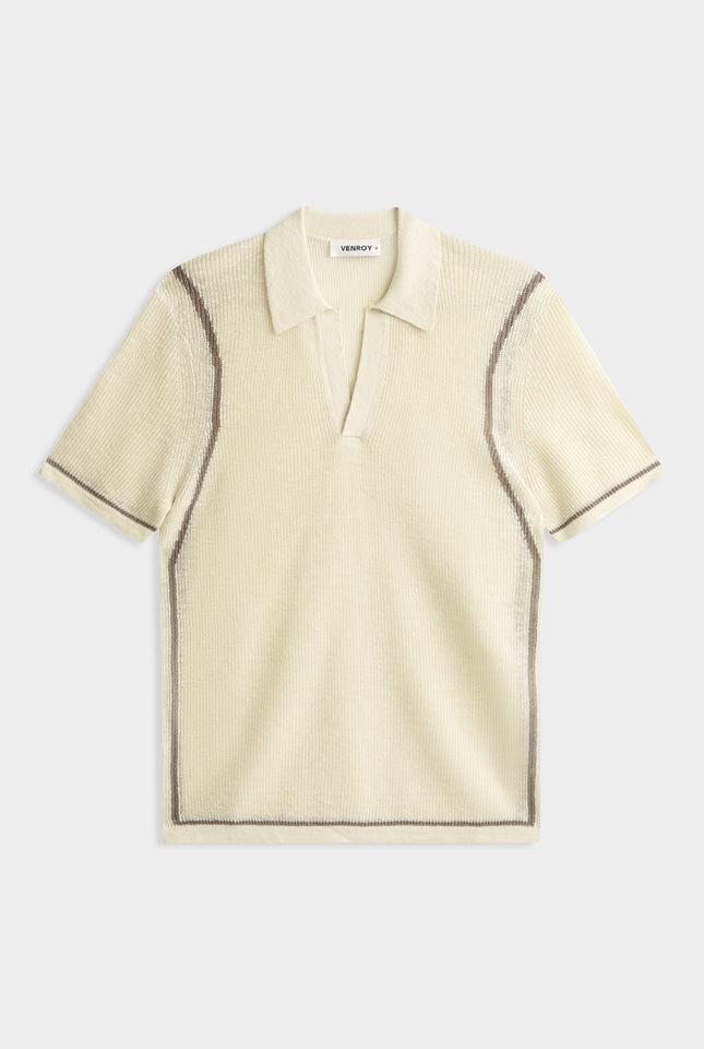 Rib Knit Open Neck Polo -  Cream/Pebble