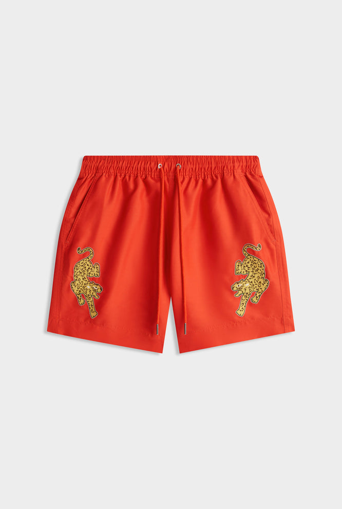 Printed Swim Short -  Bright Red/Jaguar Embroidery