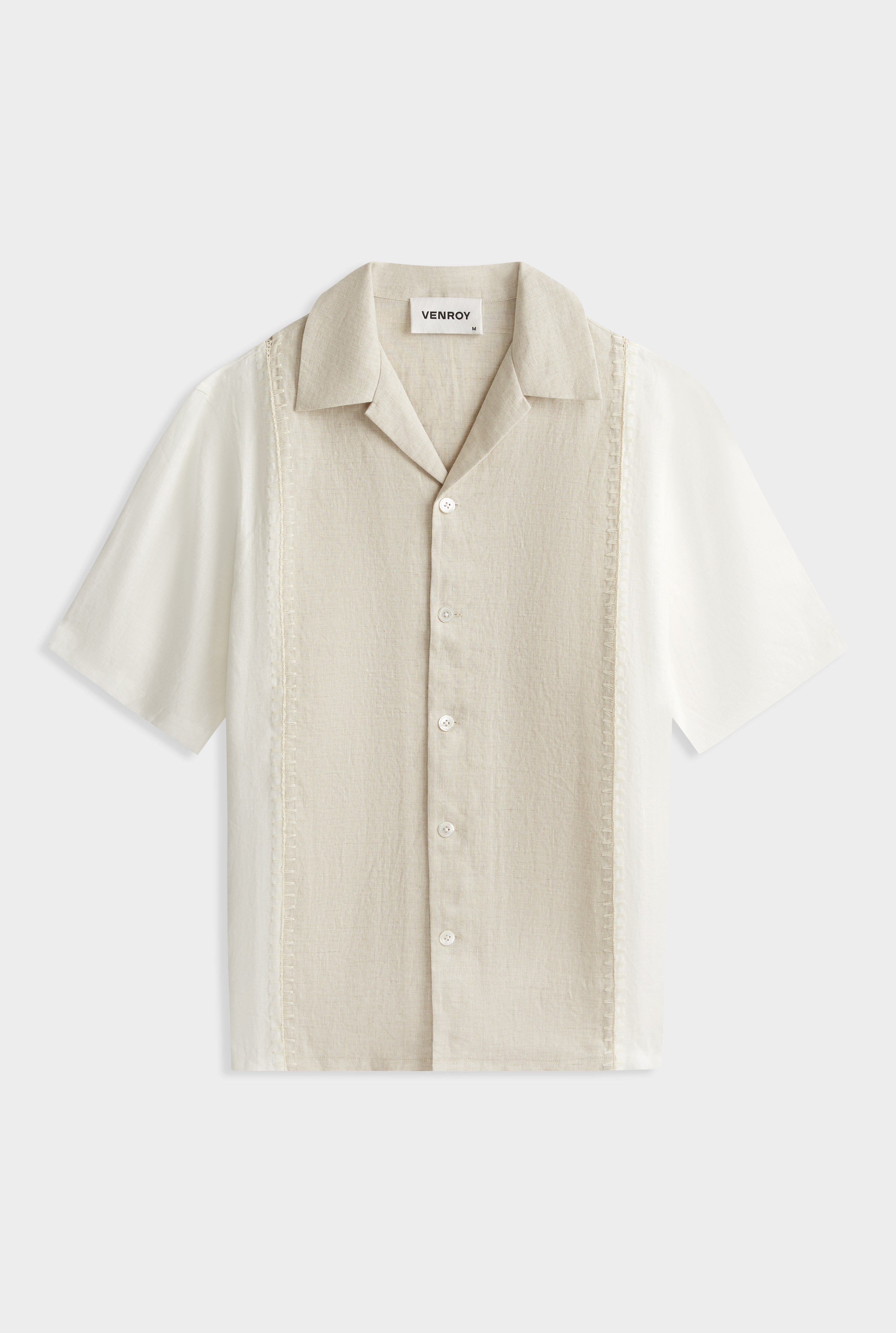 Short Sleeve Panelled Crochet Stitch Shirt -  Sand/Off White