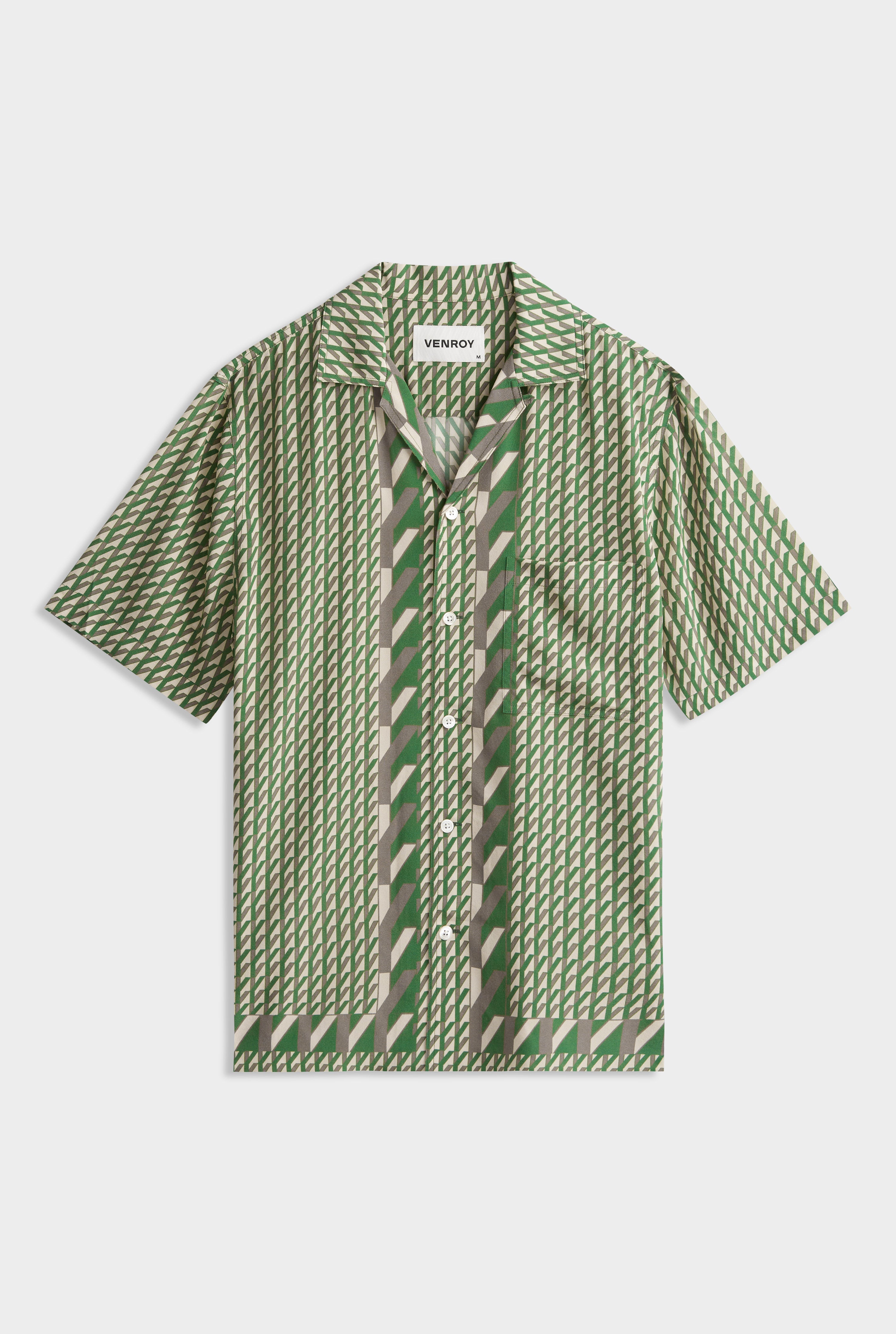 Flat Hem Short Sleeve Silk Camp Collar -  Cactus/Antique White V Monogram