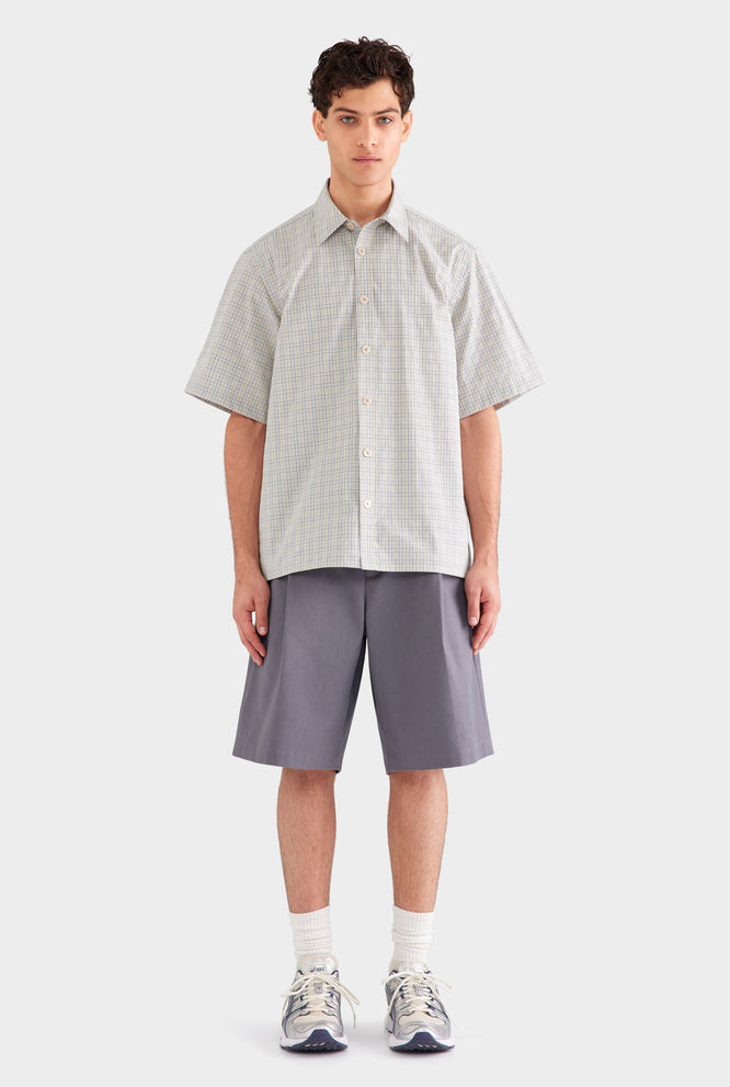 Oversized Cotton Check Short Sleeve Shirt - Beige Check