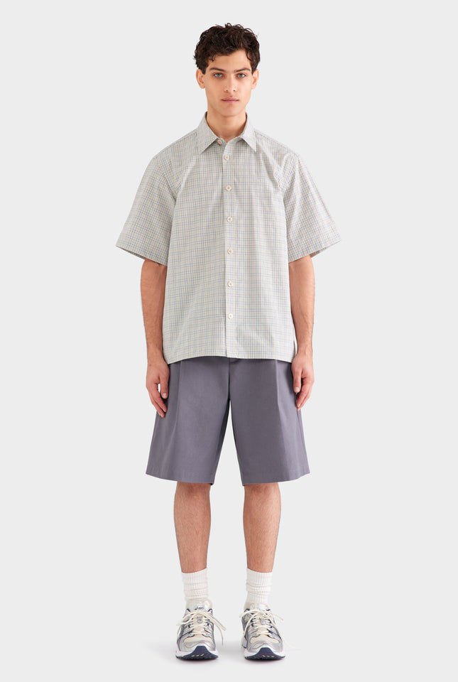 Oversized Cotton Check Short Sleeve Shirt - Beige Check