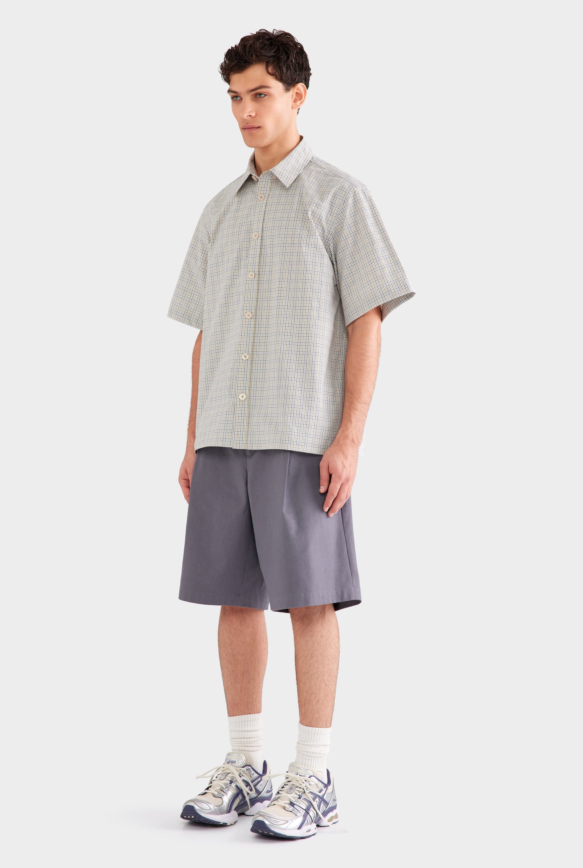 Oversized Cotton Check Short Sleeve Shirt - Beige Check