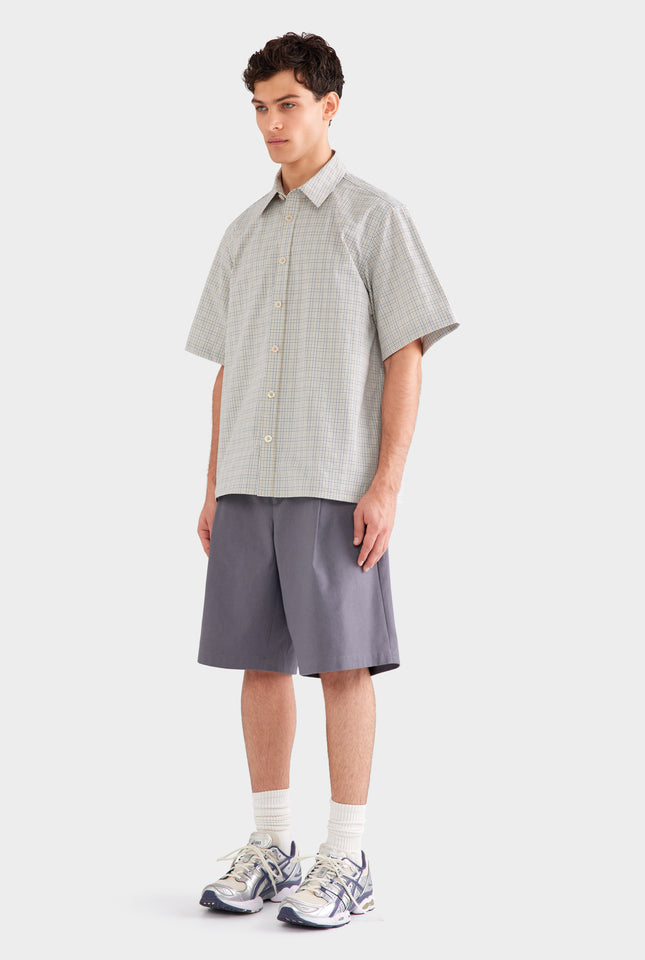 Oversized Cotton Check Short Sleeve Shirt - Beige Check
