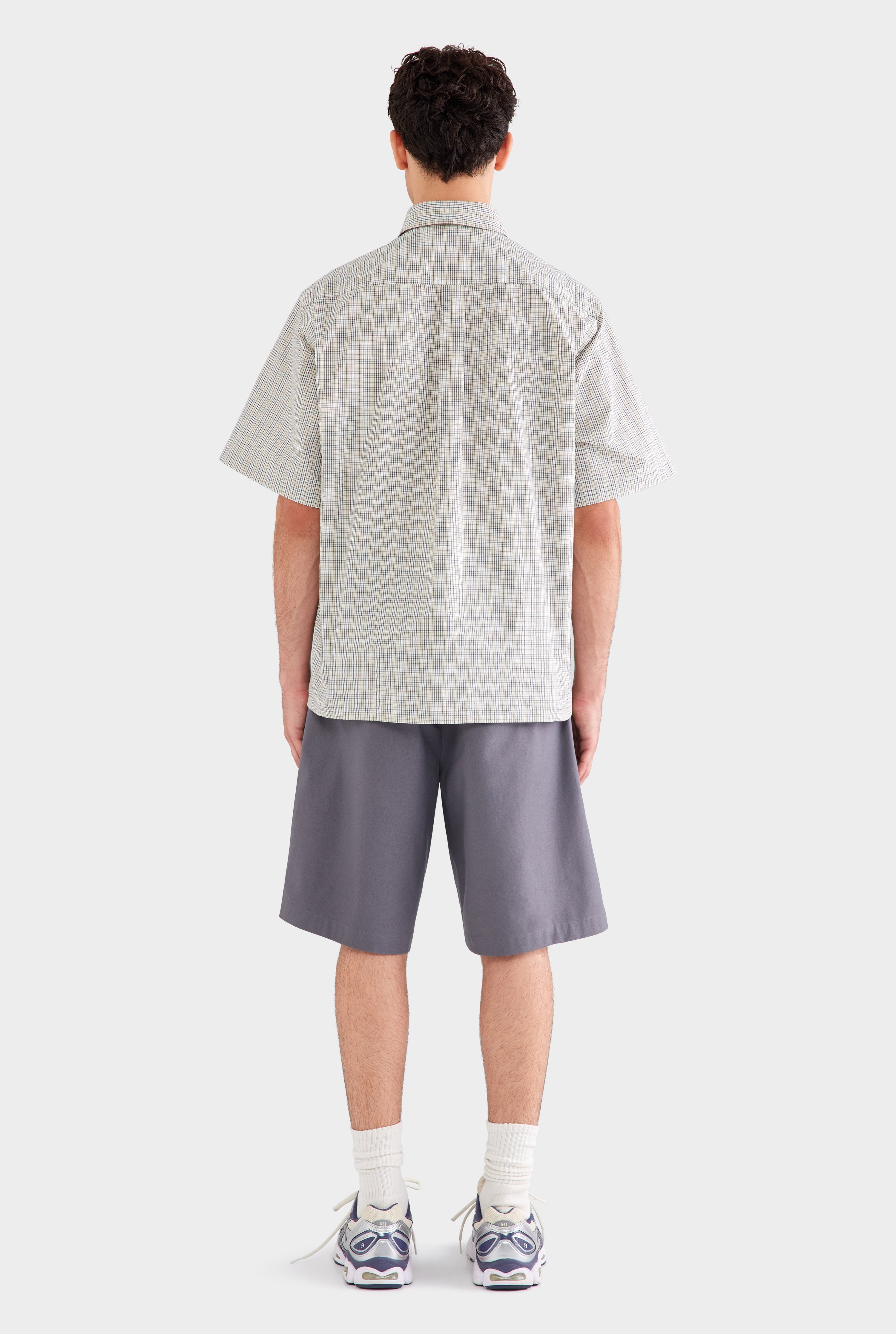Oversized Cotton Check Short Sleeve Shirt - Beige Check