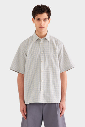 Oversized Cotton Check Short Sleeve Shirt - Beige Check