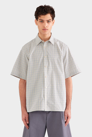 Oversized Cotton Check Short Sleeve Shirt - Beige Check