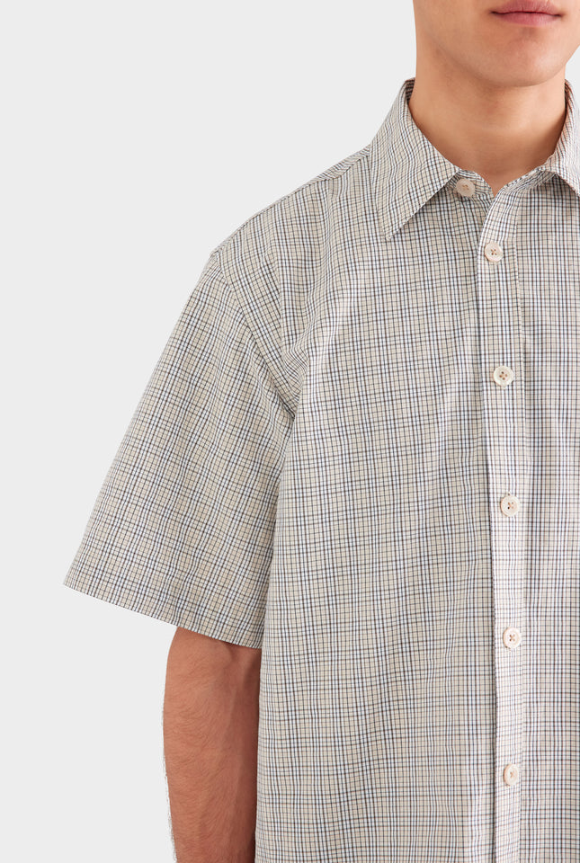 Oversized Cotton Check Short Sleeve Shirt - Beige Check