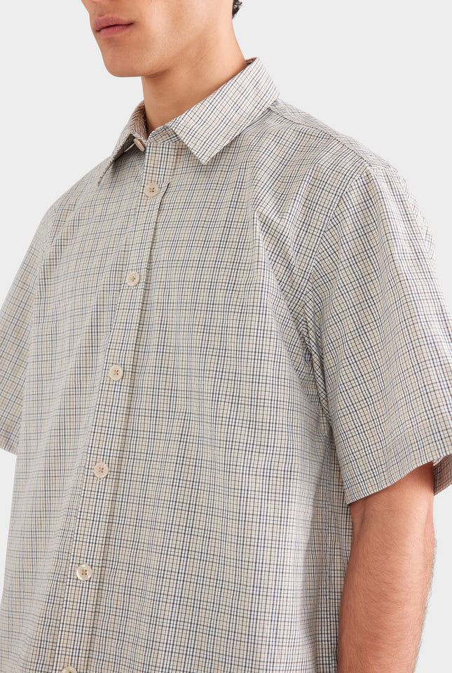 Oversized Cotton Check Short Sleeve Shirt - Beige Check