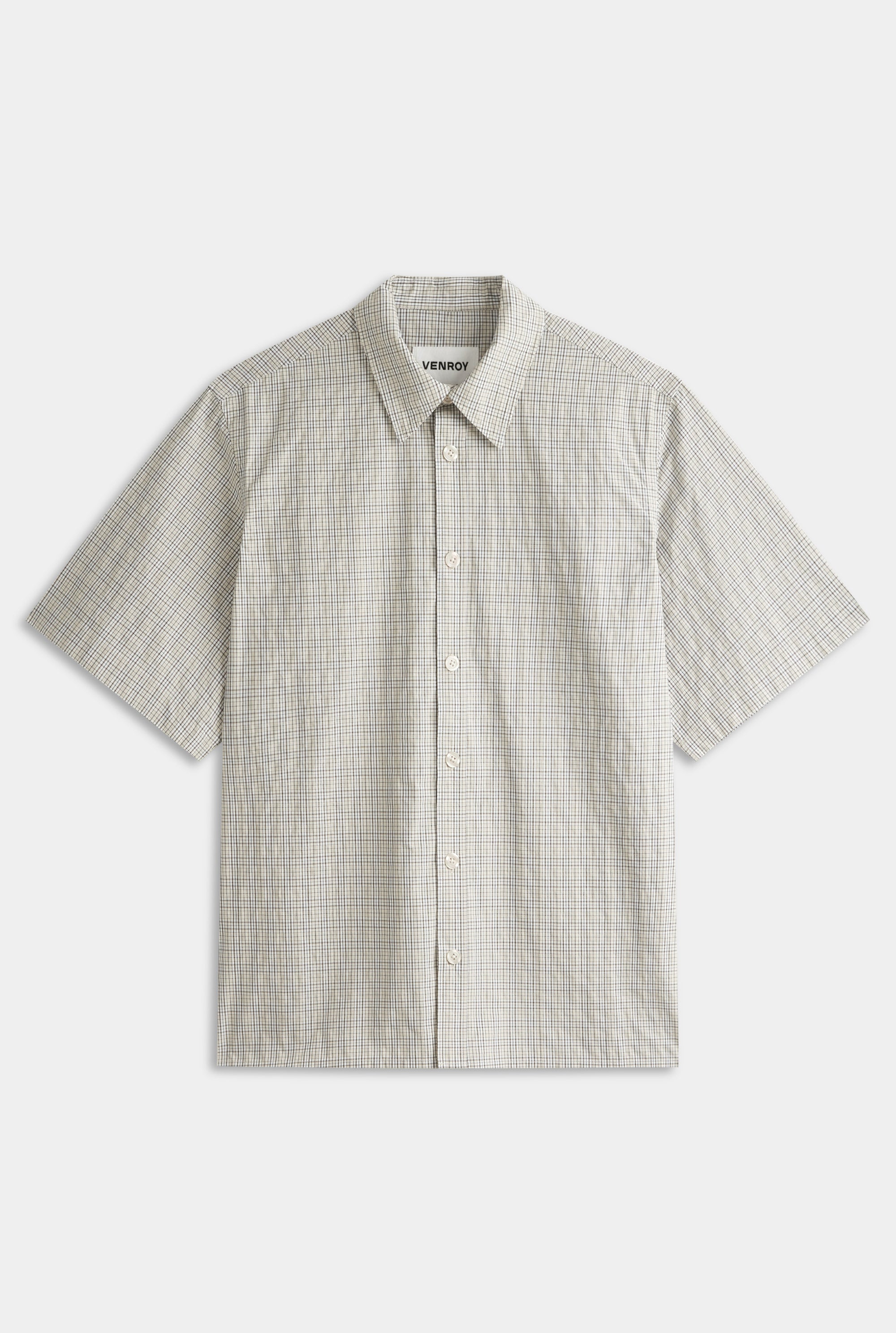 Oversized Cotton Check Short Sleeve Shirt - Beige Check
