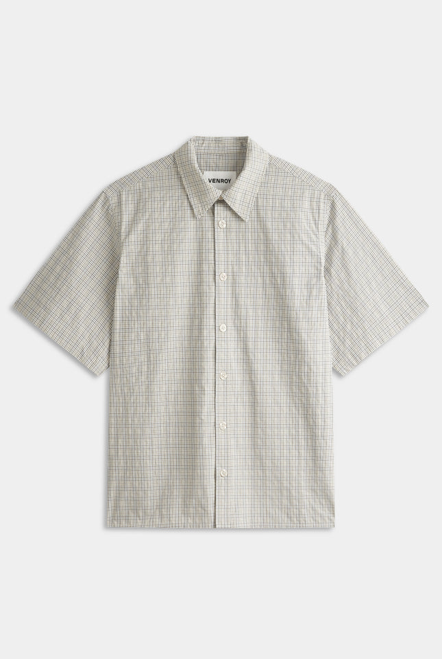 Oversized Cotton Check Short Sleeve Shirt - Beige Check