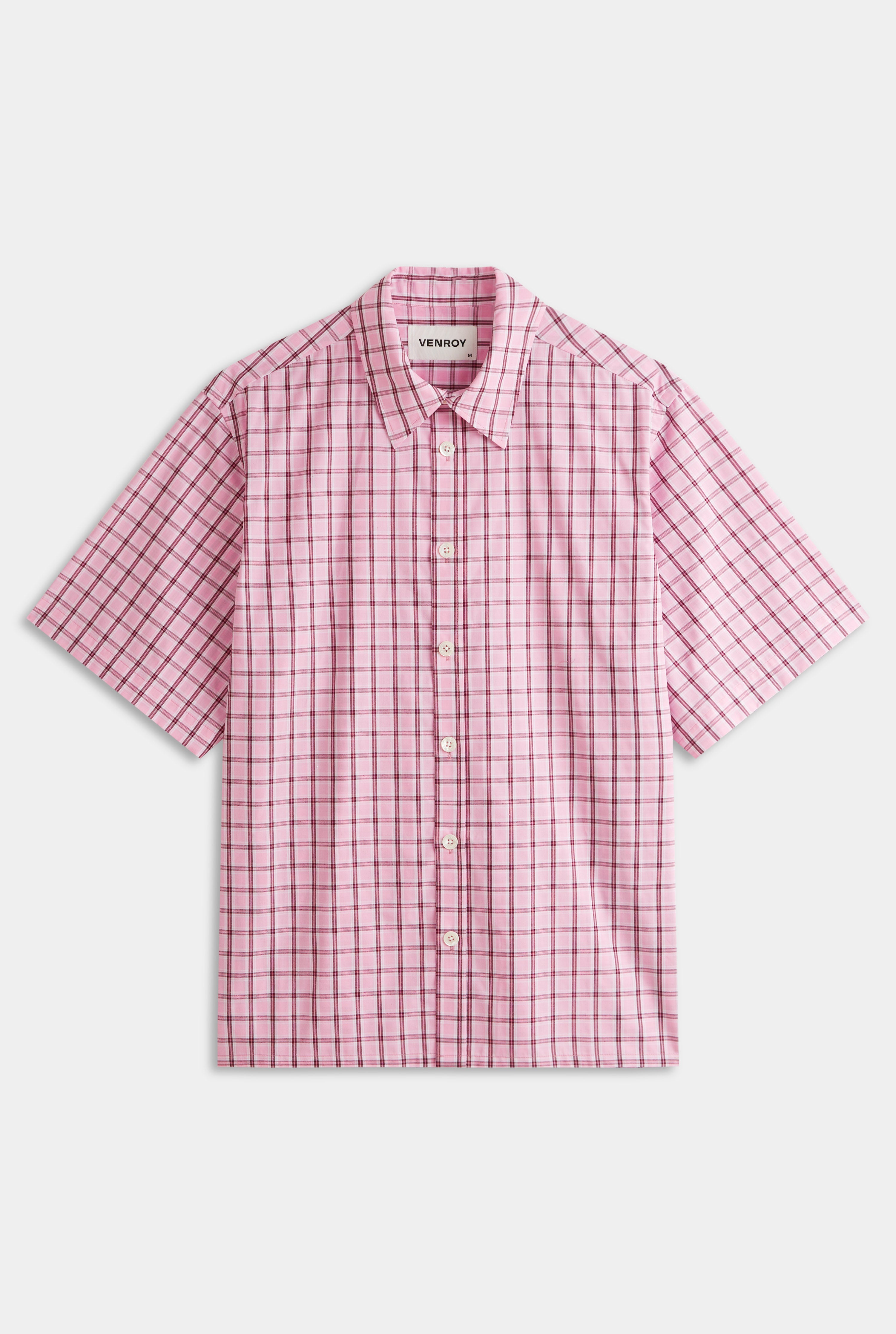 Oversized Cotton Check Short Sleeve Shirt - Pink Check