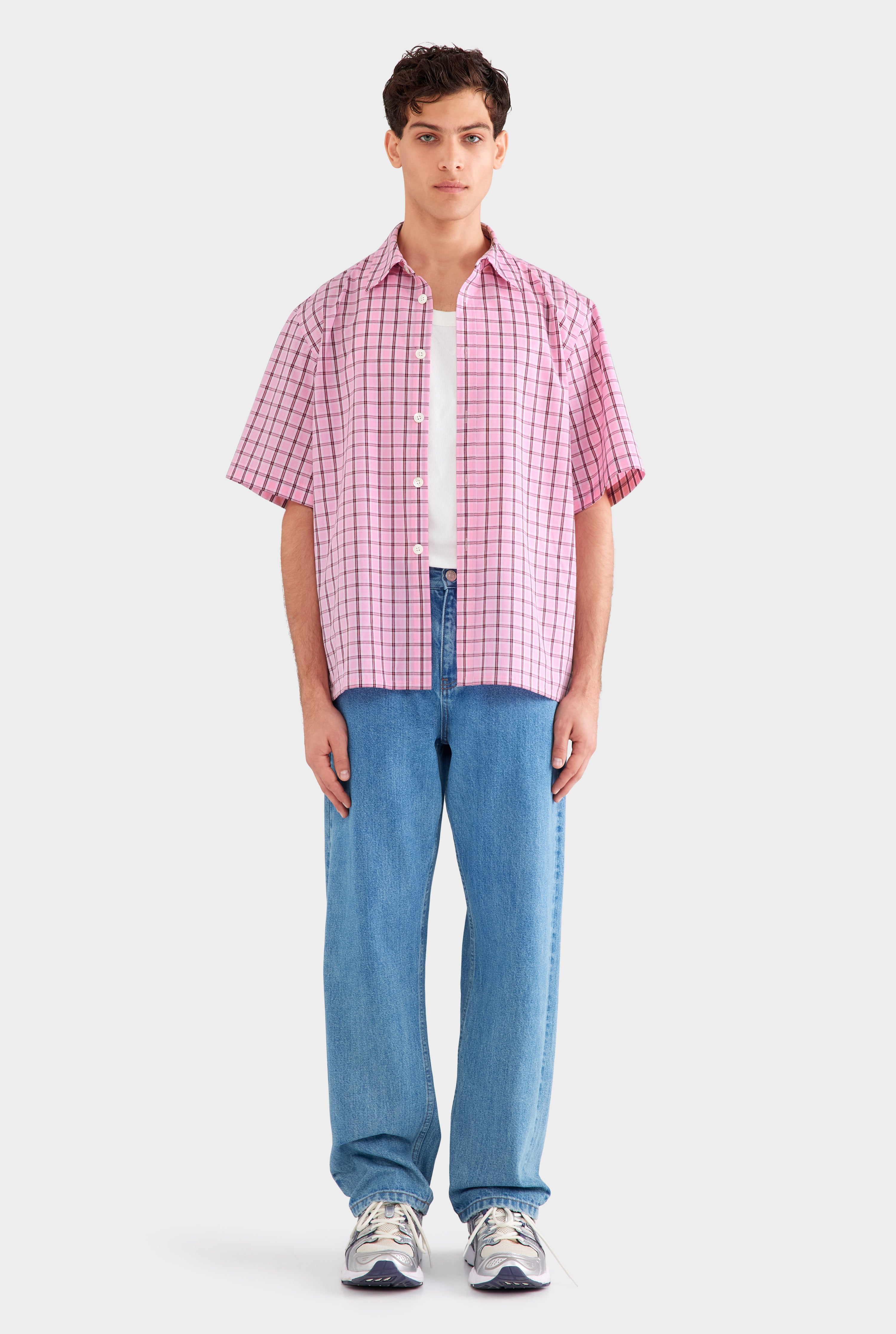 Oversized Cotton Check Short Sleeve Shirt - Pink Check