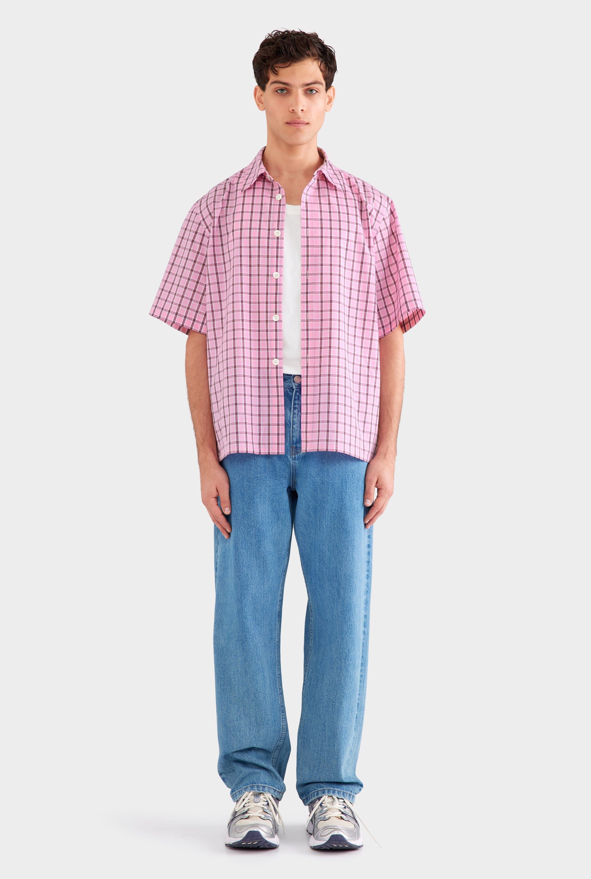 Oversized Cotton Check Short Sleeve Shirt - Pink Check
