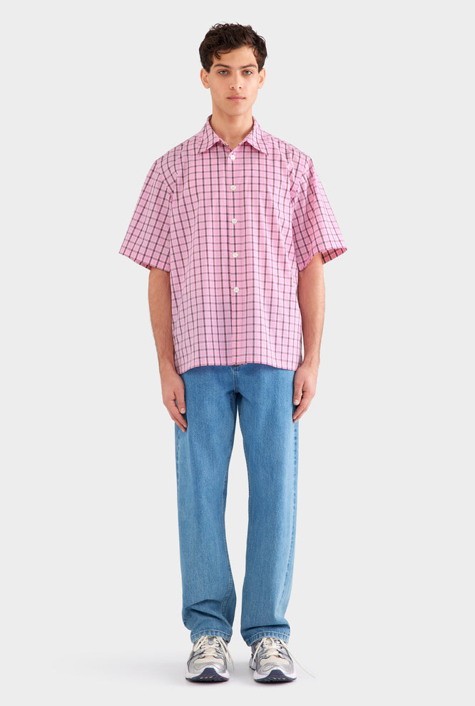 Oversized Cotton Check Short Sleeve Shirt - Pink Check