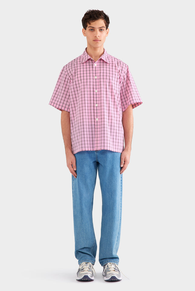 Oversized Cotton Check Short Sleeve Shirt - Pink Check