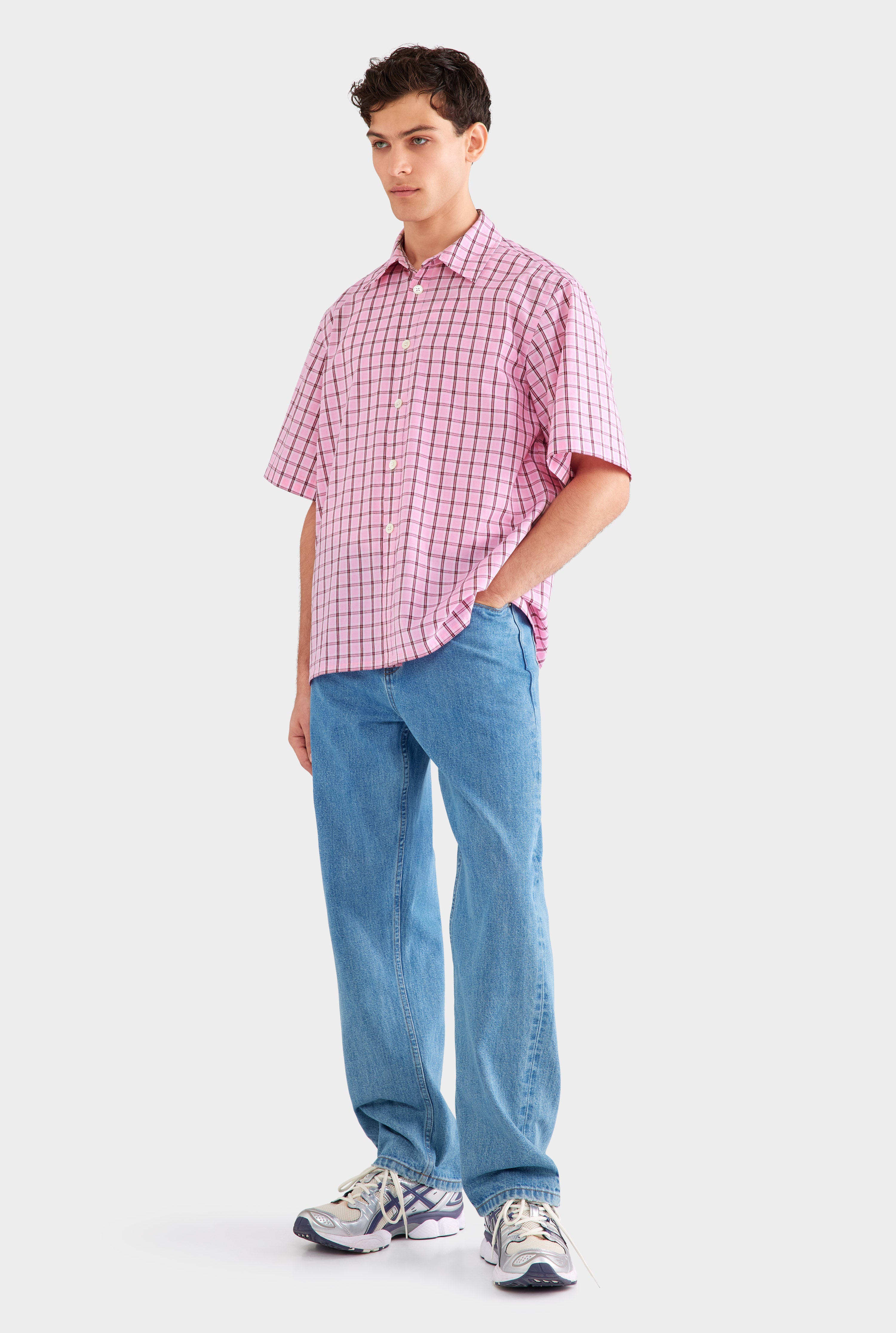 Oversized Cotton Check Short Sleeve Shirt - Pink Check
