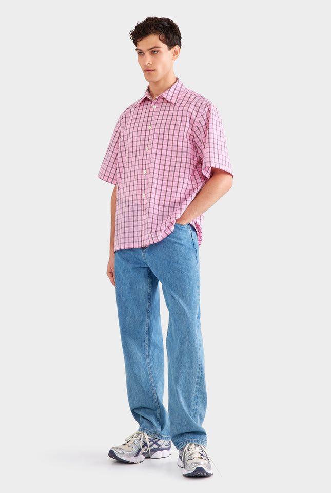 Oversized Cotton Check Short Sleeve Shirt - Pink Check