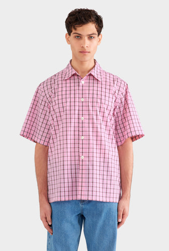 Oversized Cotton Check Short Sleeve Shirt - Pink Check