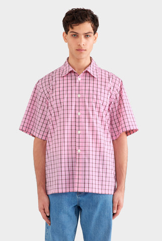 Oversized Cotton Check Short Sleeve Shirt - Pink Check