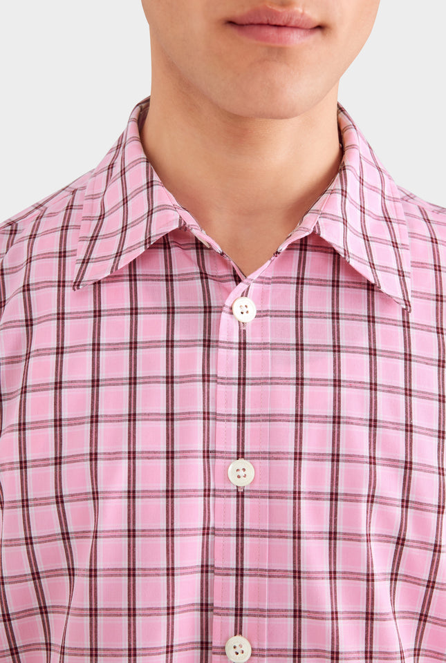 Oversized Cotton Check Short Sleeve Shirt - Pink Check