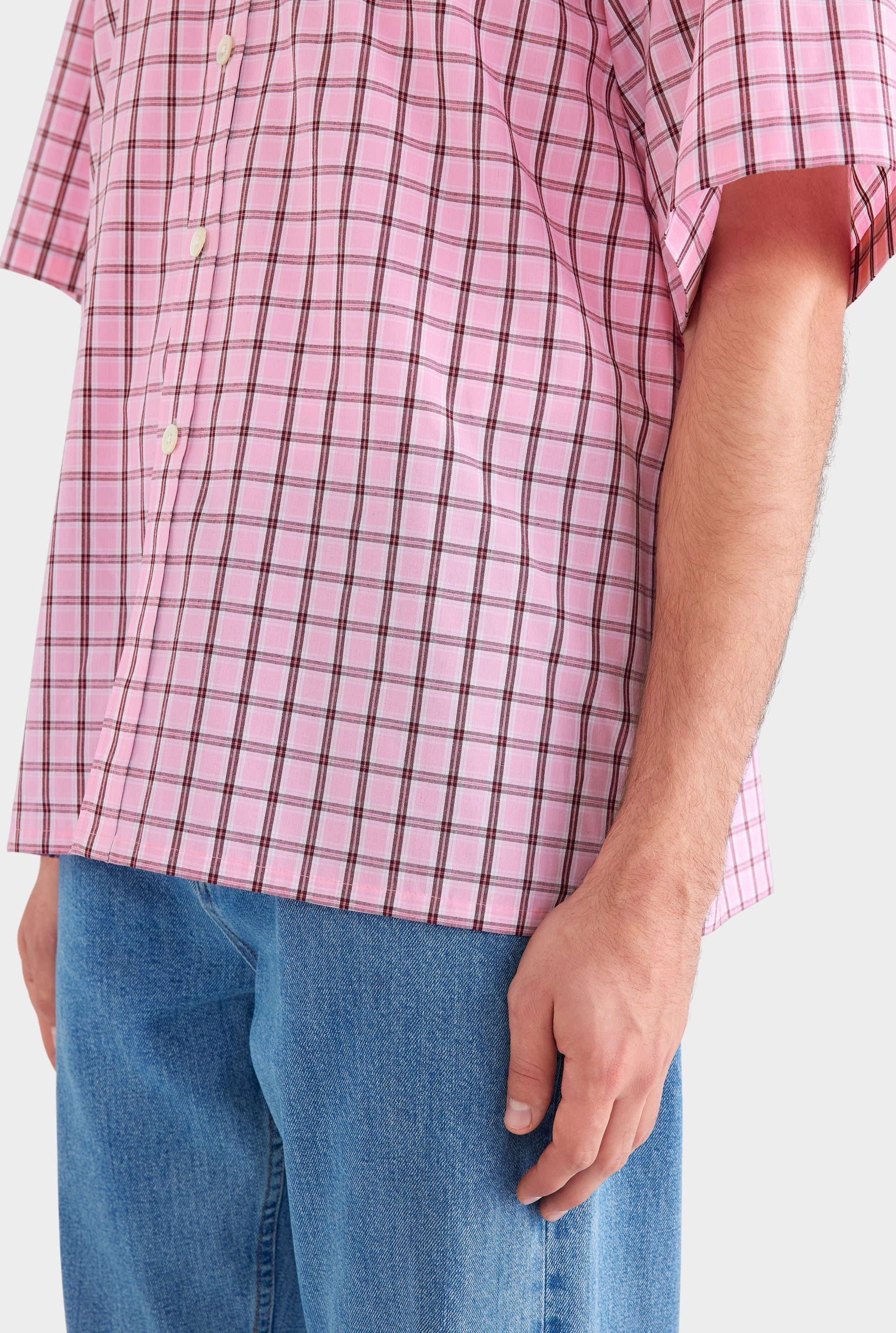 Oversized Cotton Check Short Sleeve Shirt - Pink Check