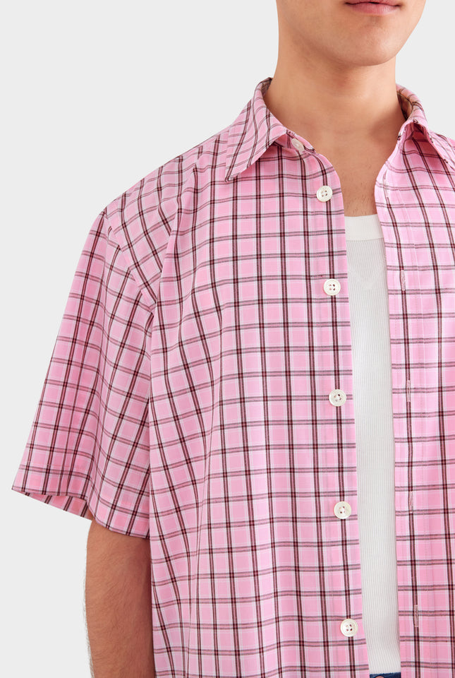 Oversized Cotton Check Short Sleeve Shirt - Pink Check