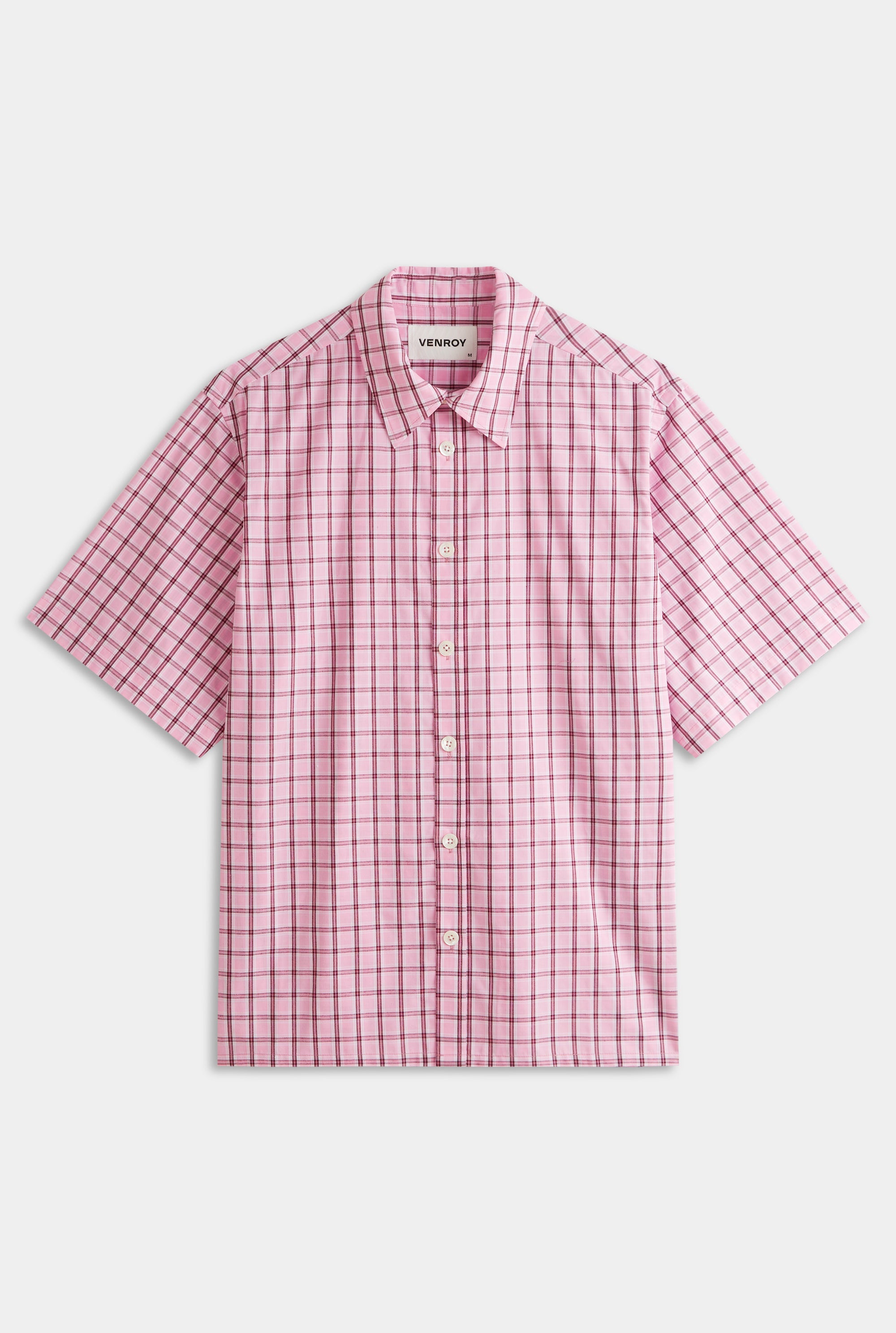 Oversized Cotton Check Short Sleeve Shirt - Pink Check