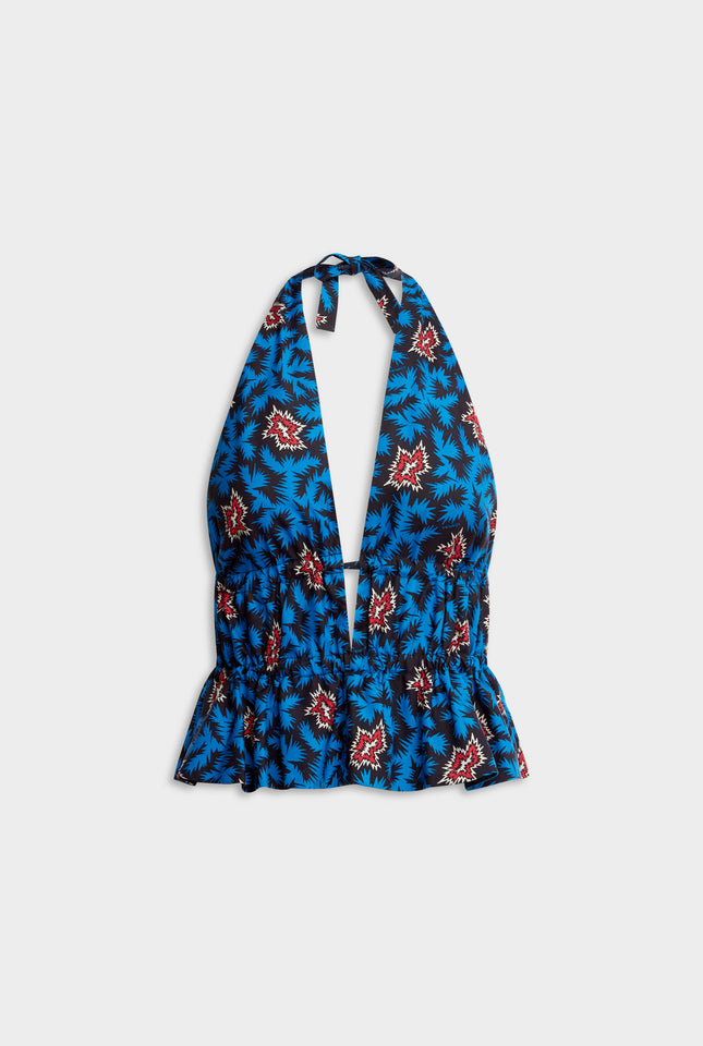 Printed Silk Halter Top - Blue/Red BAM