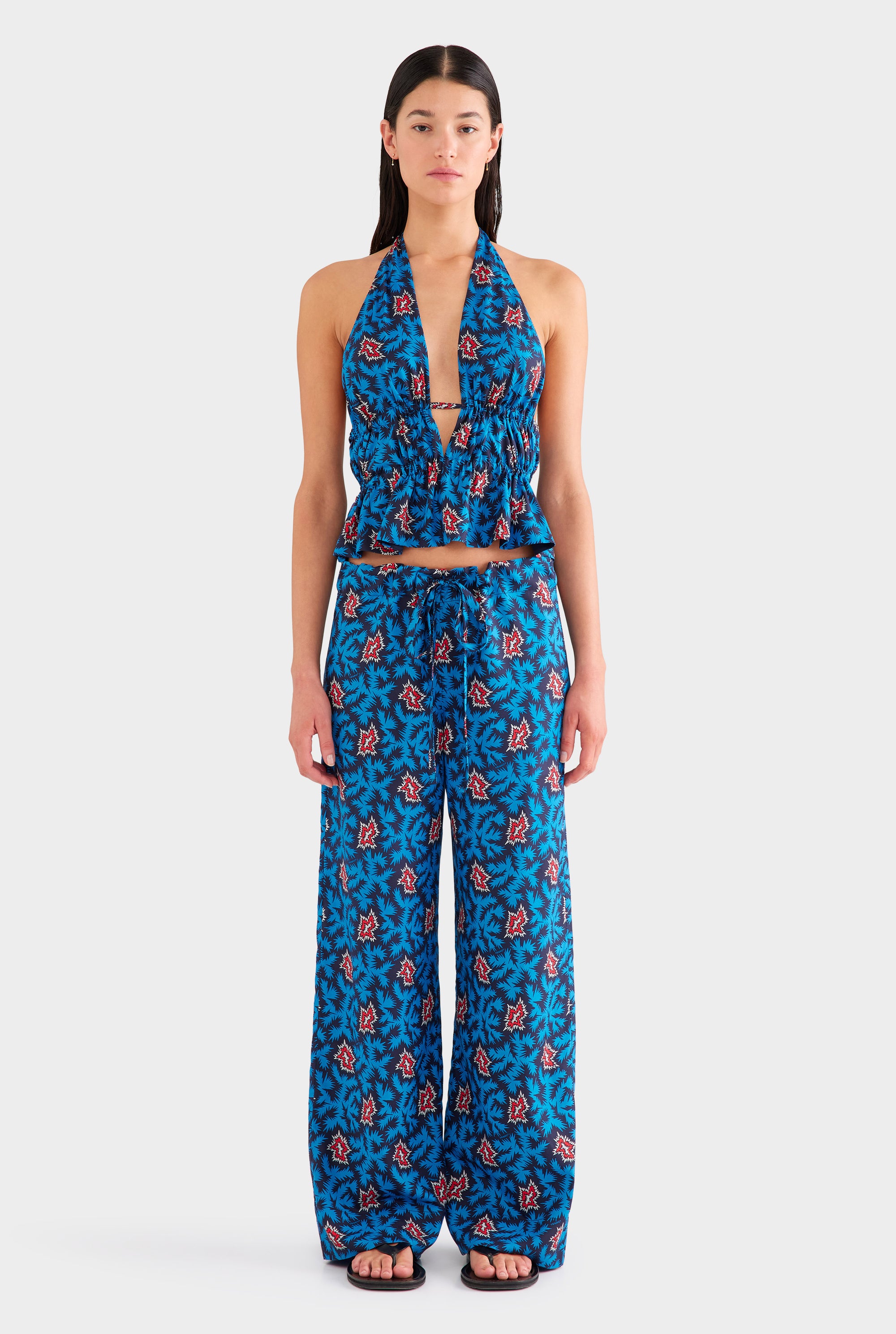 Printed Silk Paperbag Pant - Blue/Red BAM
