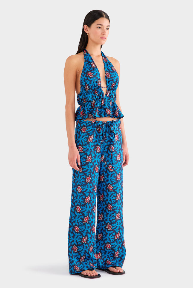 Printed Silk Paperbag Pant - Blue/Red BAM