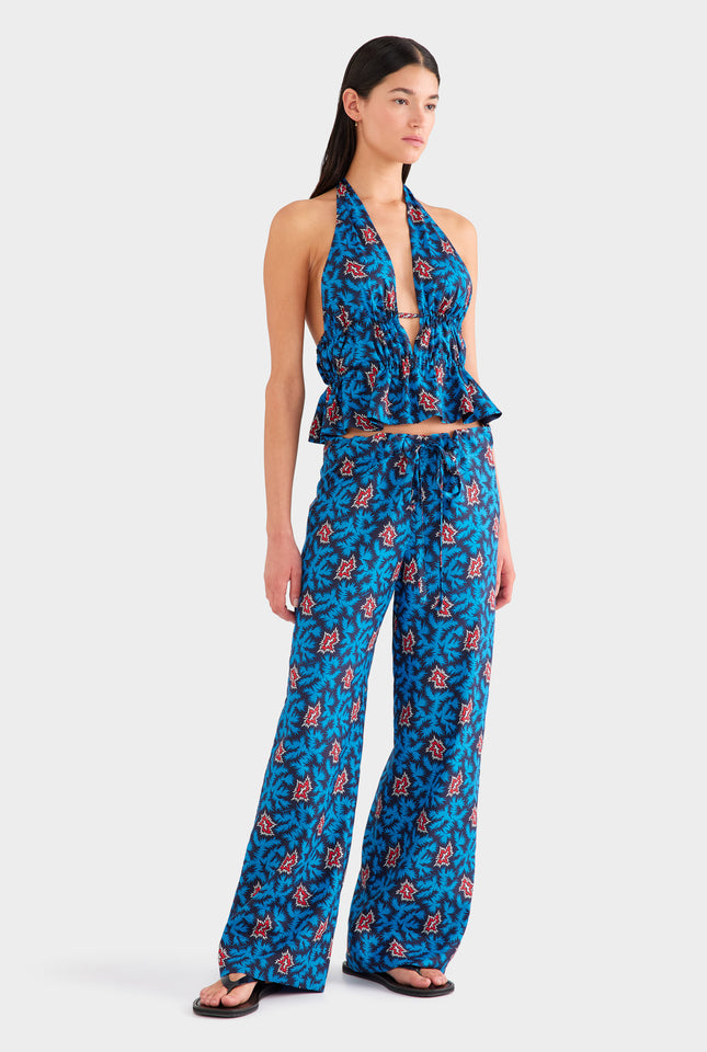 Printed Silk Paperbag Pant - Blue/Red BAM