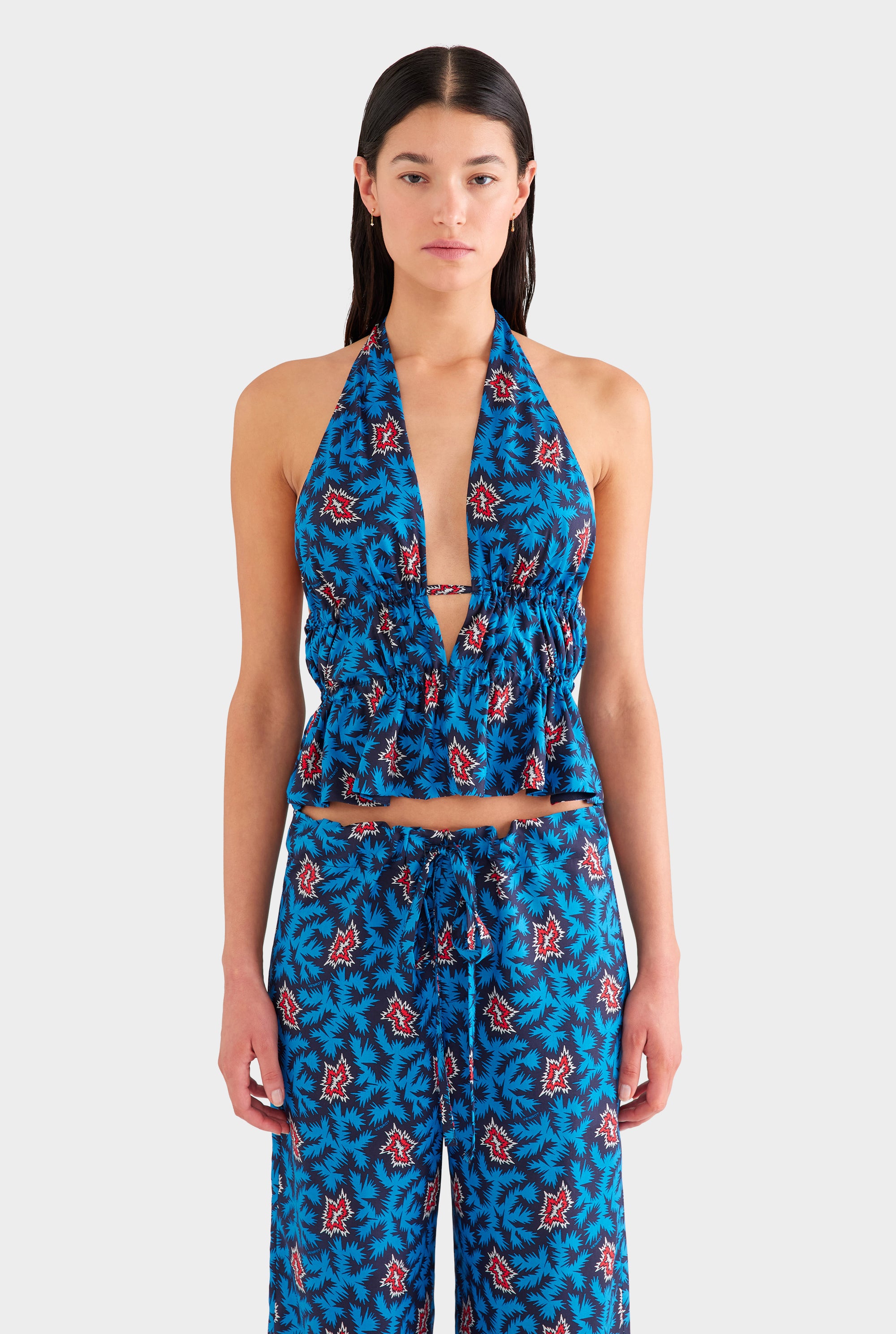 Printed Silk Paperbag Pant - Blue/Red BAM