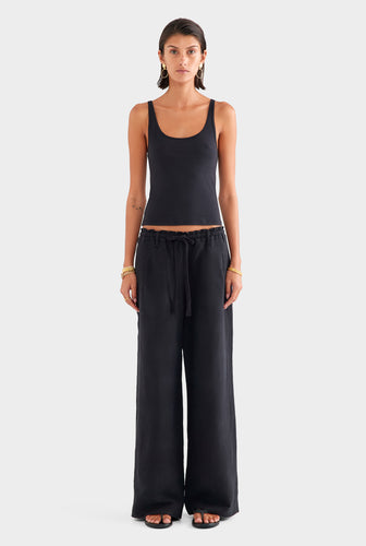 Silk Linen Paperbag Pant - Black