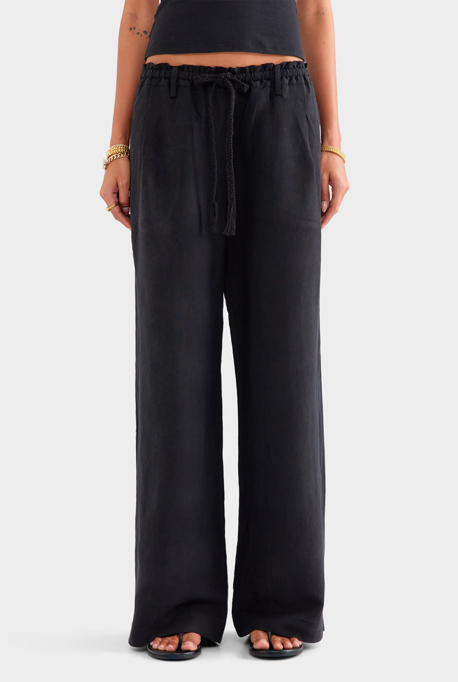 Silk Linen Paperbag Pant - Black
