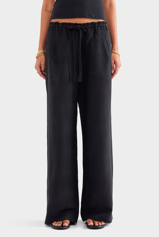 Silk Linen Paperbag Pant - Black