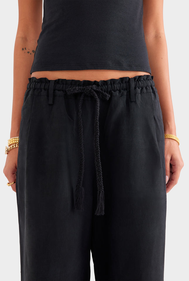 Silk Linen Paperbag Pant - Black