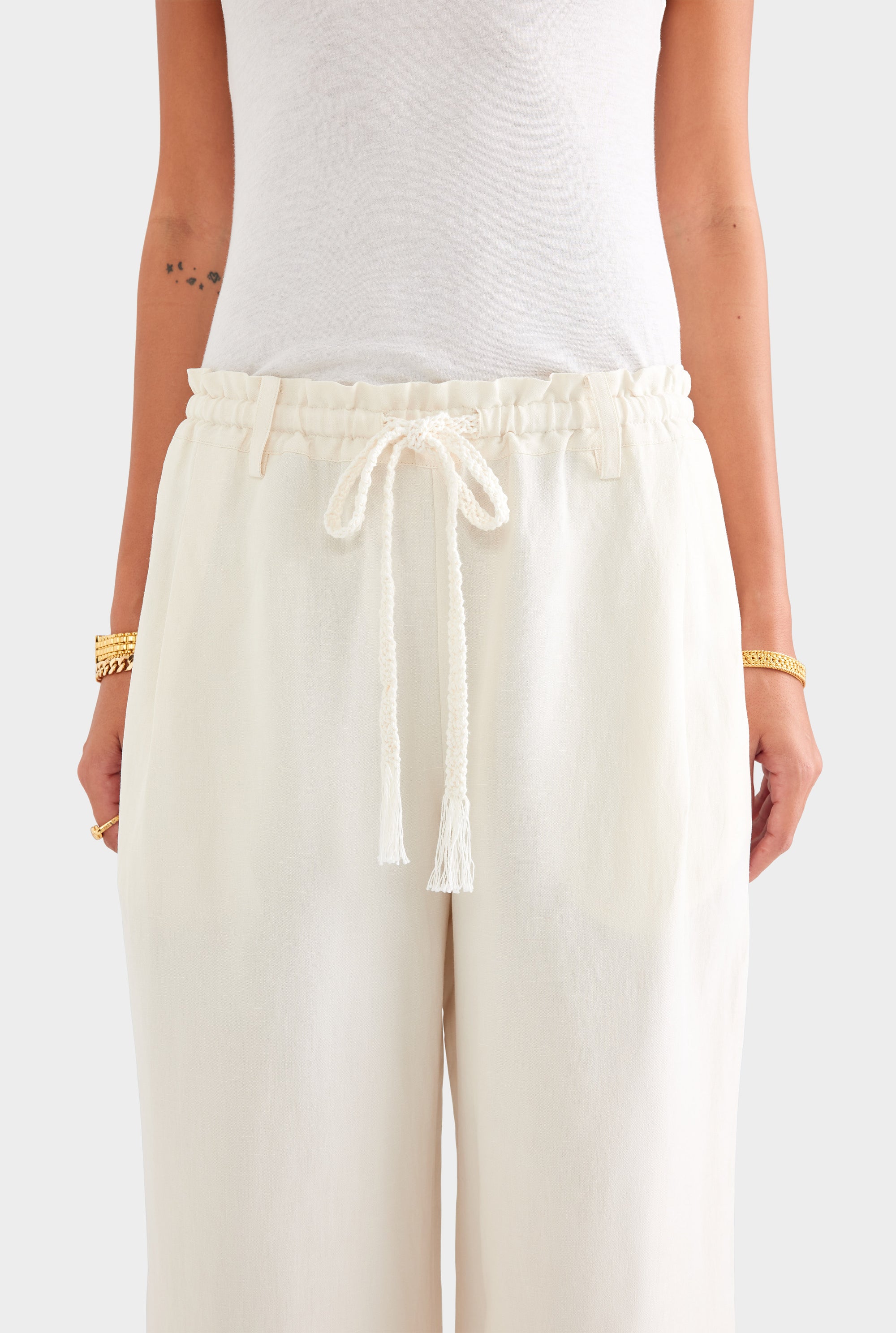 Silk Linen Relaxed Pleat Front Pant - Cream