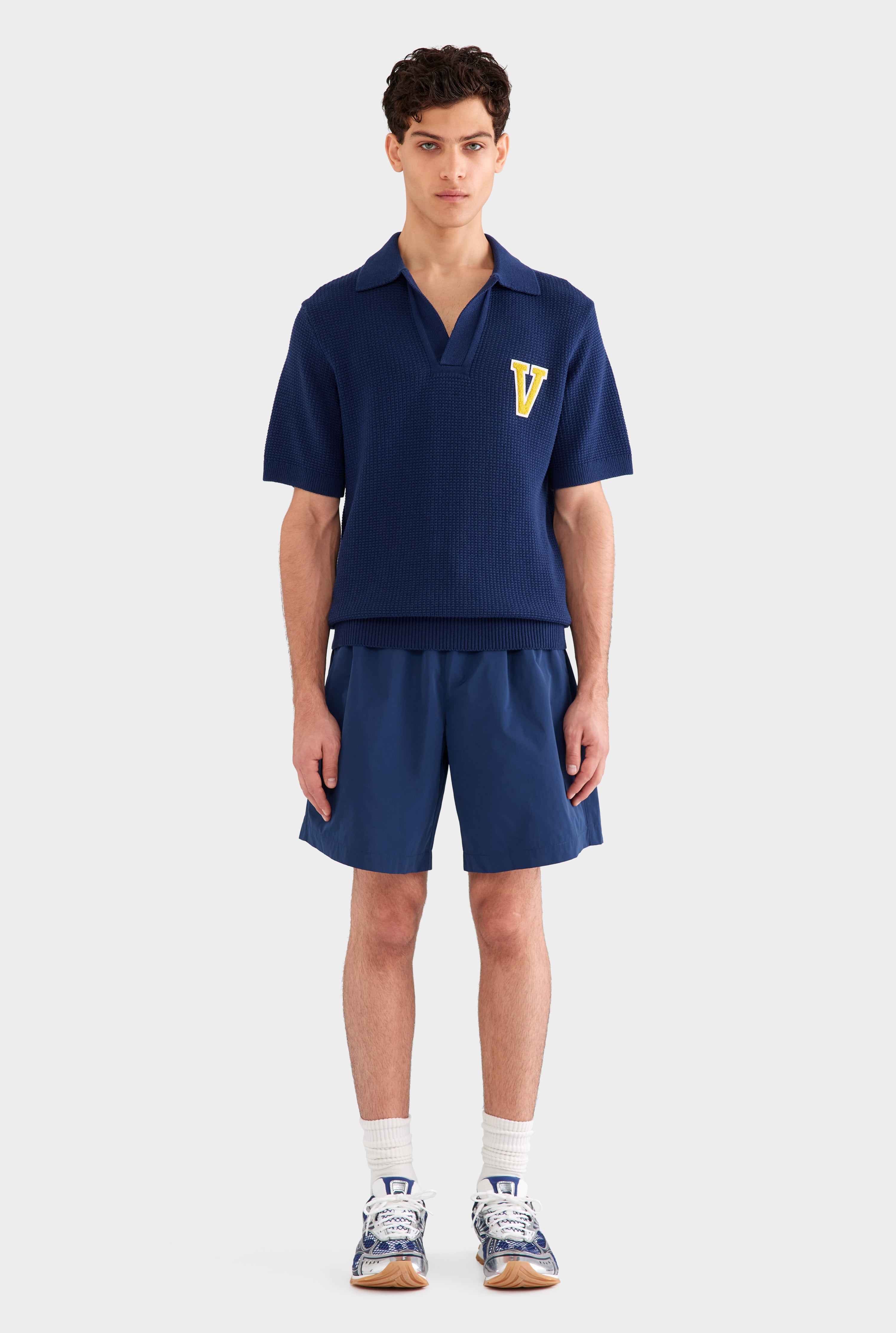 Relaxed Cotton Knit Open Neck Polo - Navy Blue