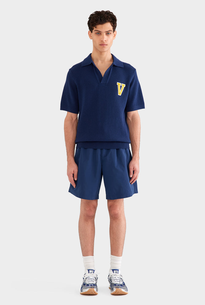 Relaxed Cotton Knit Open Neck Polo - Navy Blue