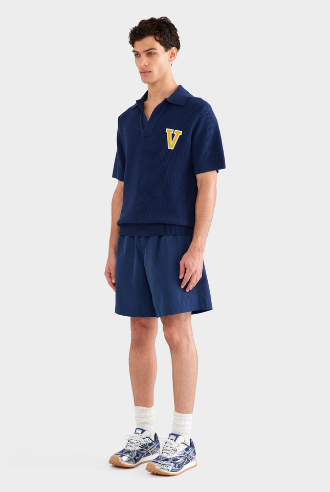 Relaxed Cotton Knit Open Neck Polo - Navy Blue