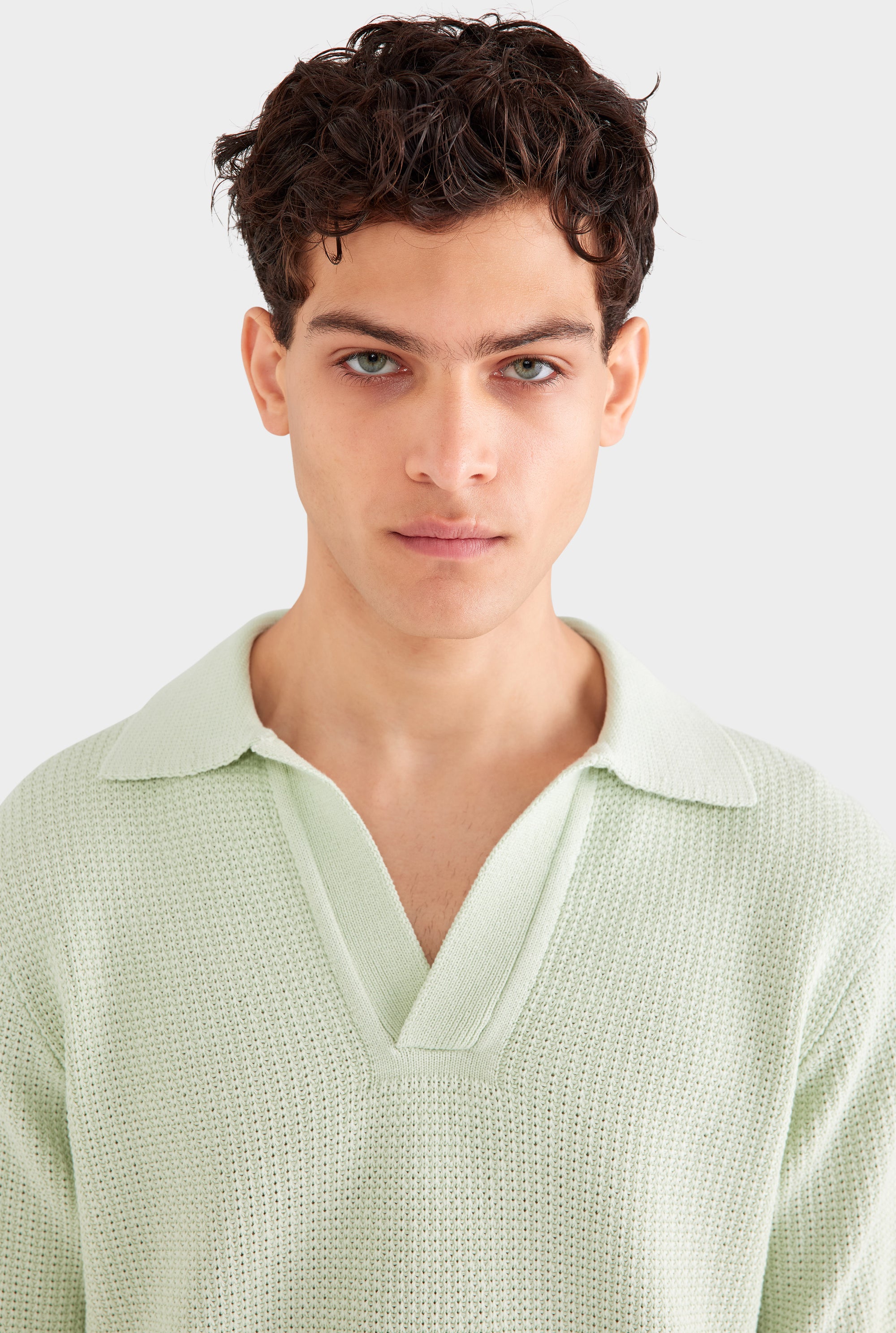 Relaxed Cotton Knit Open Neck Polo - Pale Aqua