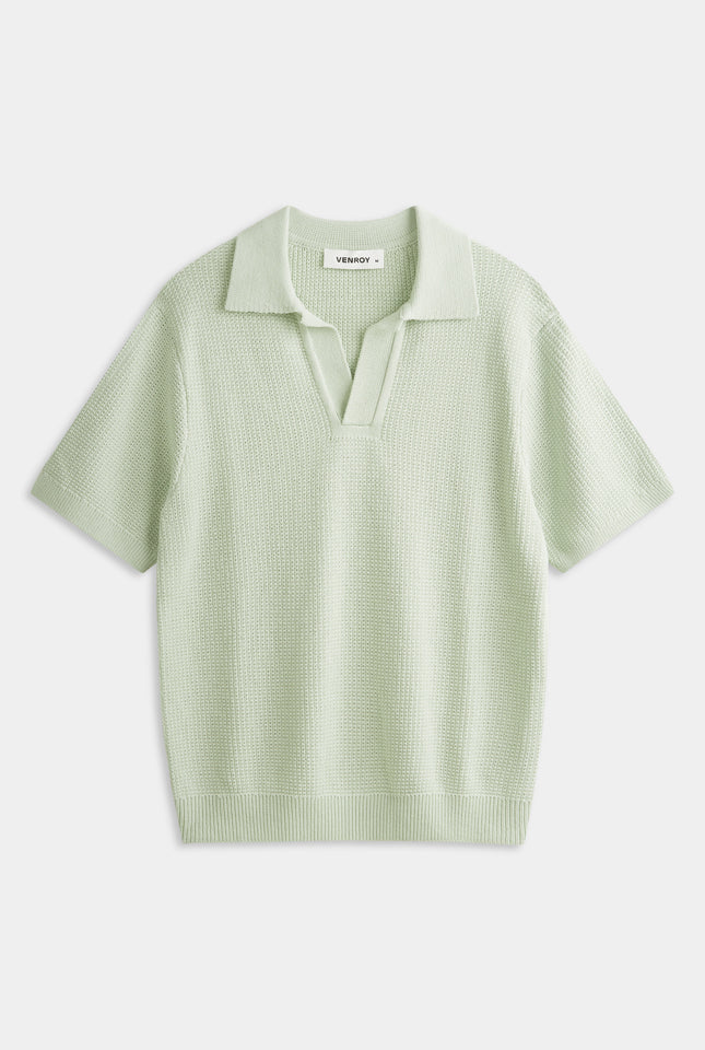 Relaxed Cotton Knit Open Neck Polo - Pale Aqua