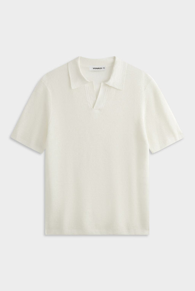 Rib Knit Open Neck Polo - White