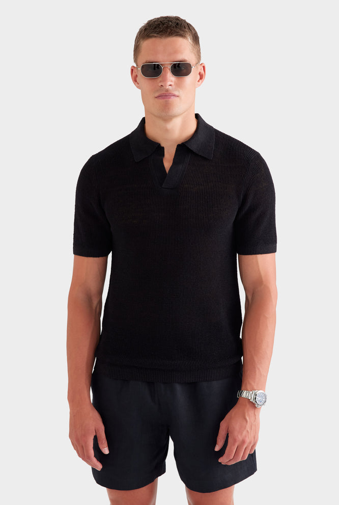 Rib Knit Open Neck Polo - Navy