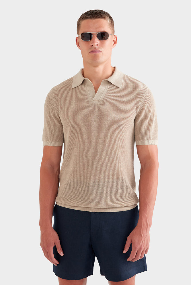 Rib Knit Open Neck Polo - Black